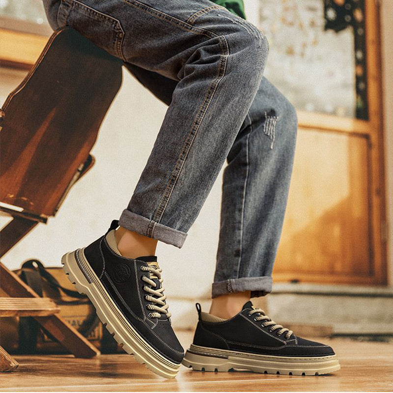 Men's Retro Chunky Sole Casual Shoes - Khaki & Black Suede-Like Workwear Sneakers