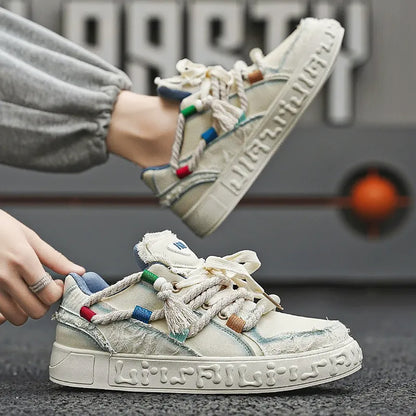 Trendy Platform Sneakers - Unique Rope Lacing & Distressed Design