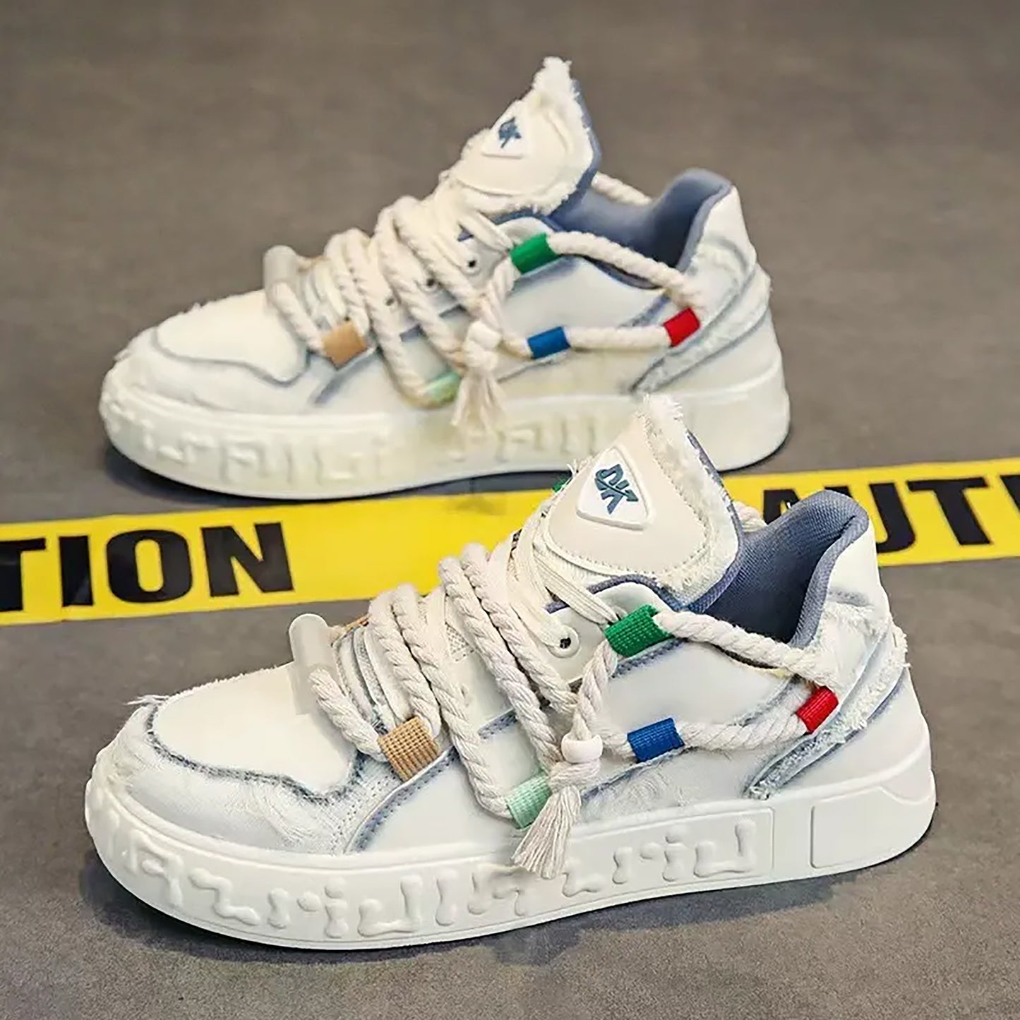 Trendy Platform Sneakers - Unique Rope Lacing & Distressed Design