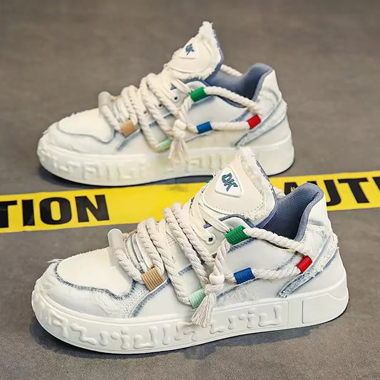 Trendy Platform Sneakers - Unique Rope Lacing & Distressed Design