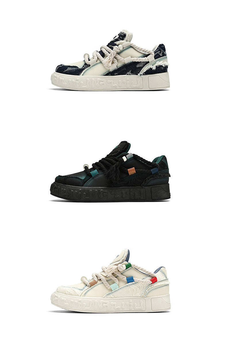 Trendy Platform Sneakers - Unique Rope Lacing & Distressed Design