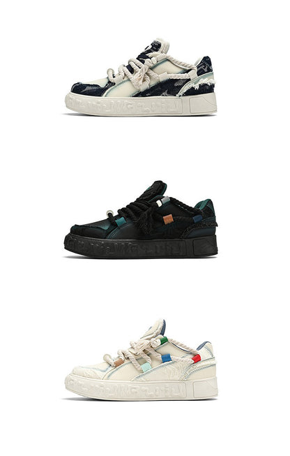 Trendy Platform Sneakers - Unique Rope Lacing & Distressed Design