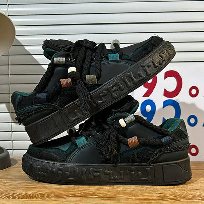 Trendy Platform Sneakers - Unique Rope Lacing & Distressed Design