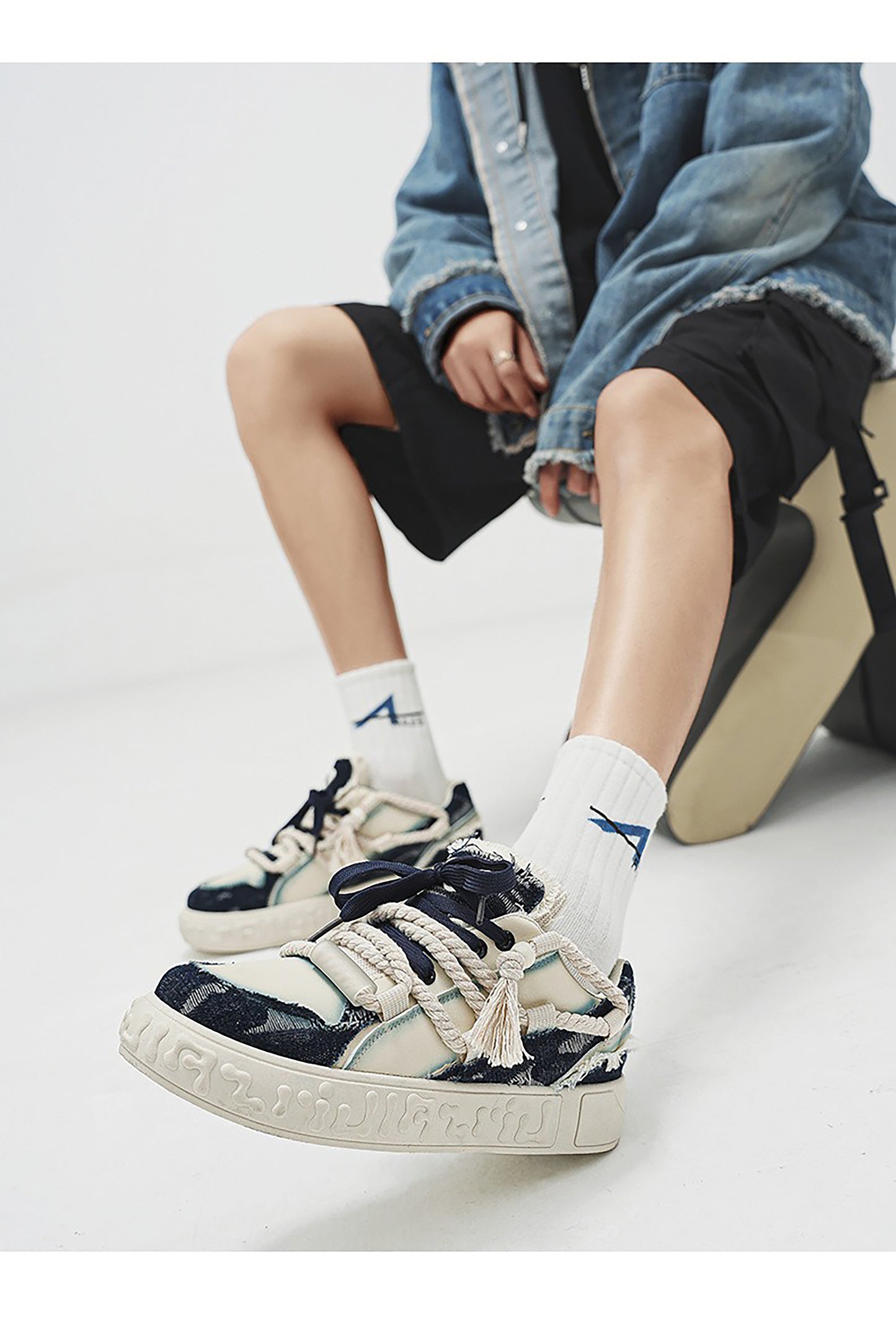 Trendy Platform Sneakers - Unique Rope Lacing & Distressed Design