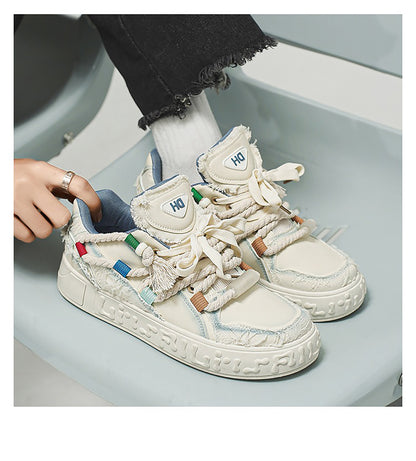 Trendy Platform Sneakers - Unique Rope Lacing & Distressed Design