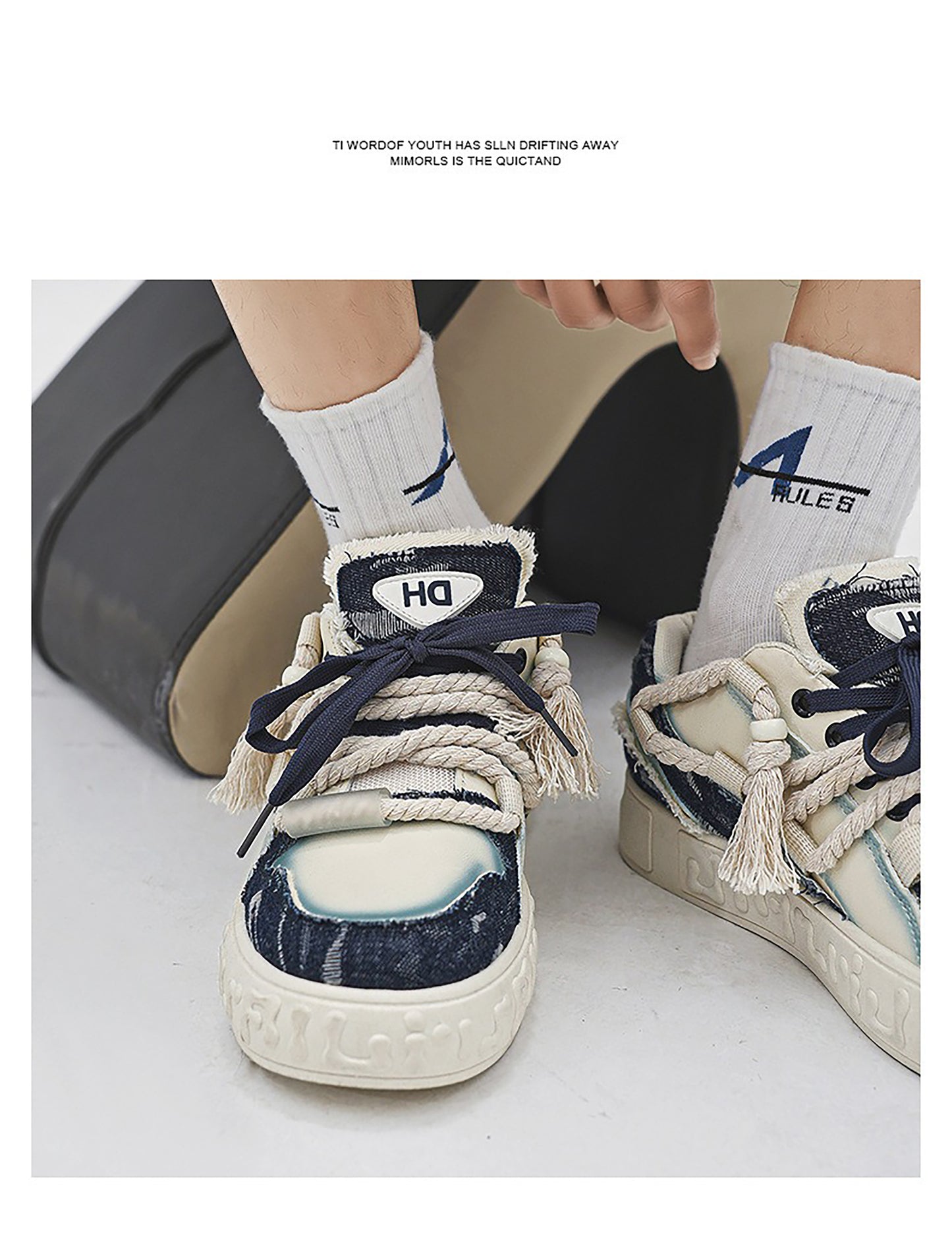 Trendy Platform Sneakers - Unique Rope Lacing & Distressed Design