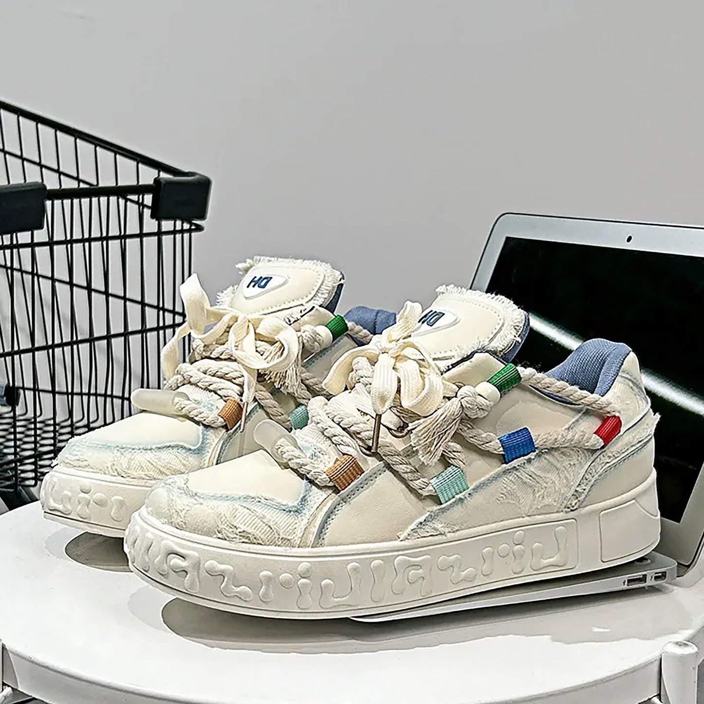 Trendy Platform Sneakers - Unique Rope Lacing & Distressed Design