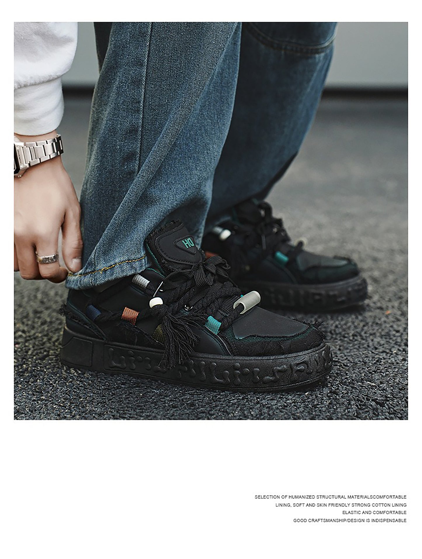 Trendy Platform Sneakers - Unique Rope Lacing & Distressed Design