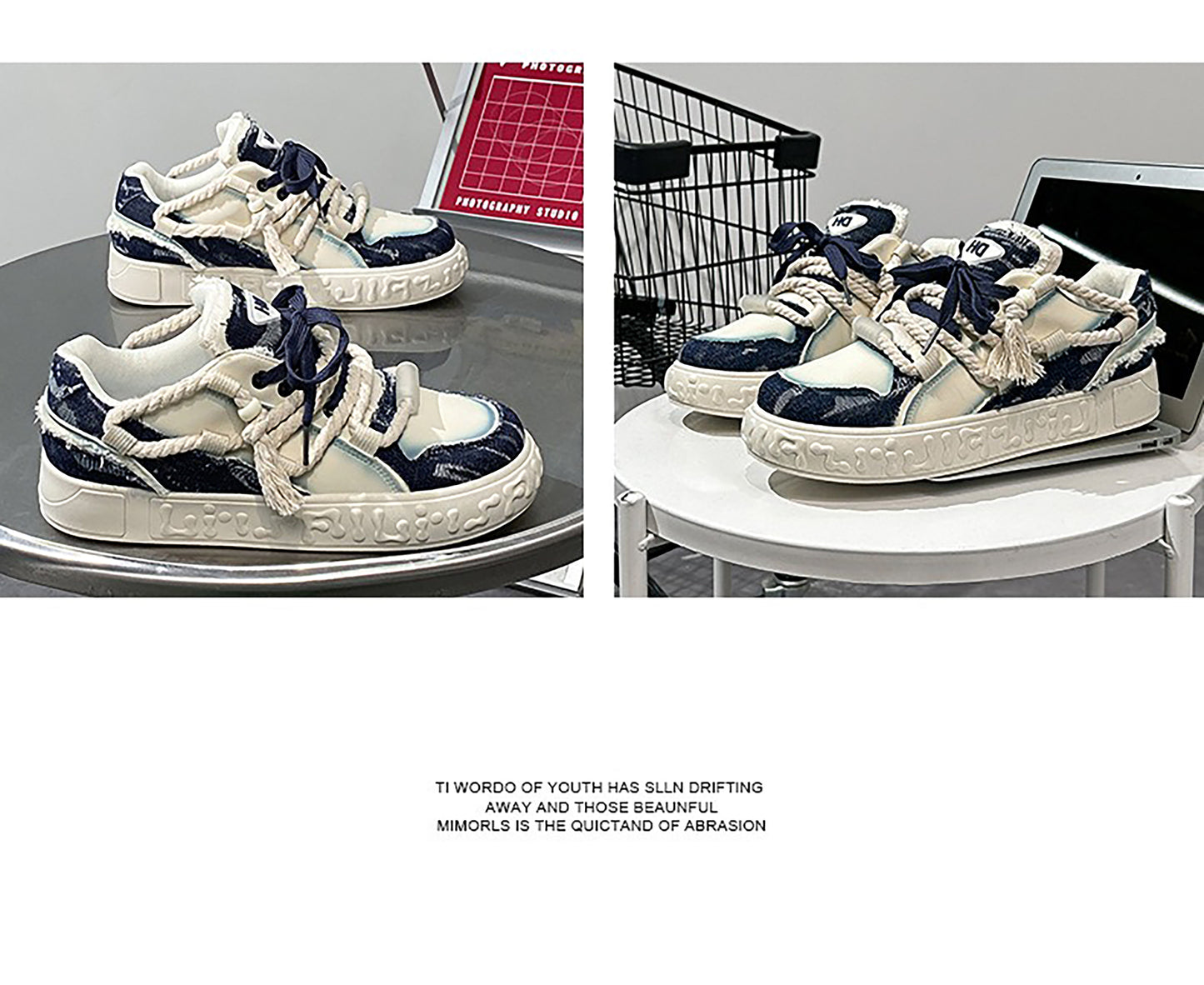 Trendy Platform Sneakers - Unique Rope Lacing & Distressed Design