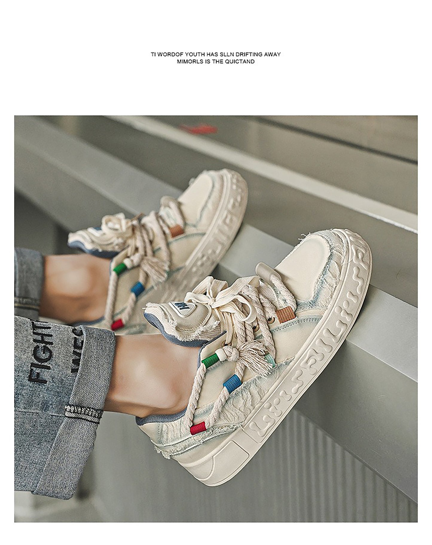 Trendy Platform Sneakers - Unique Rope Lacing & Distressed Design