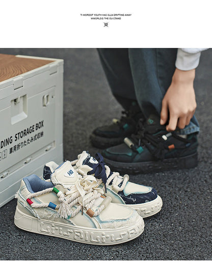Trendy Platform Sneakers - Unique Rope Lacing & Distressed Design
