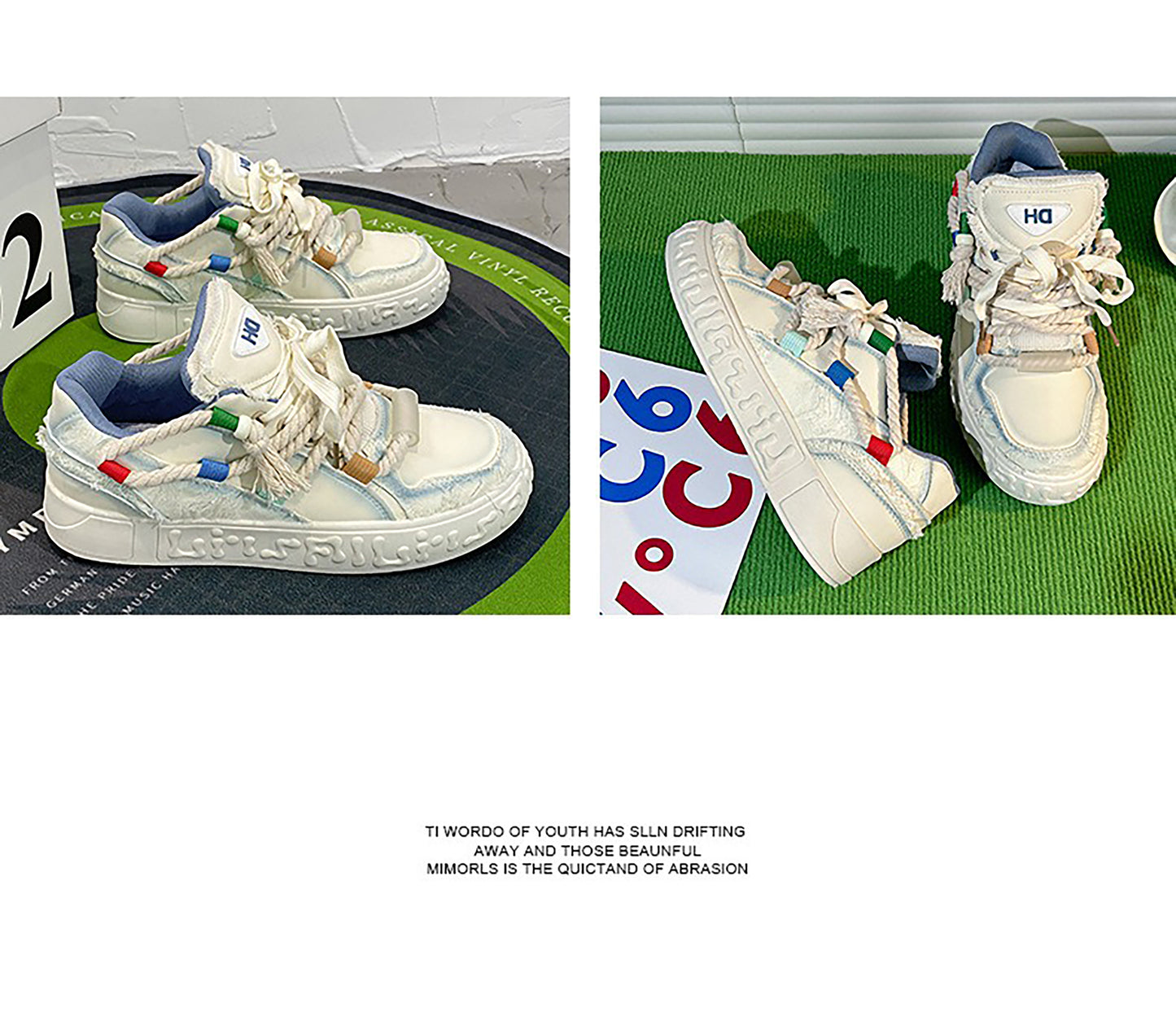 Trendy Platform Sneakers - Unique Rope Lacing & Distressed Design