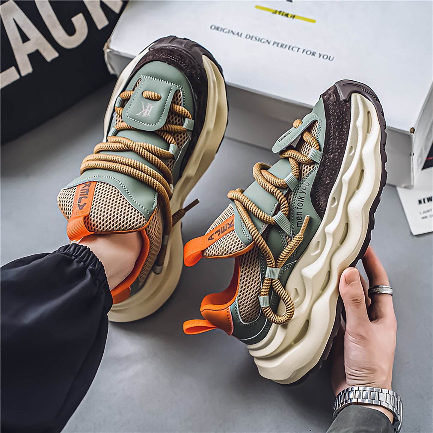 Men's Chunky Sole Dad Sneakers - Retro Streetwear Shoes with Unique Rope Lacing (Multiple Colors)