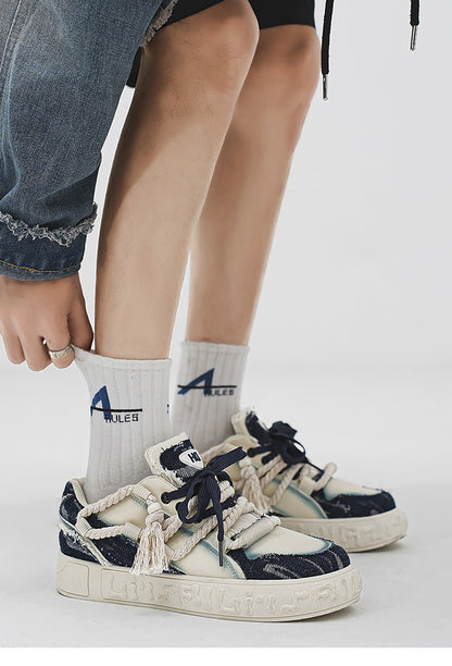 Trendy Platform Sneakers - Unique Rope Lacing & Distressed Design